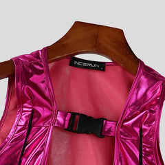 detail of Men’s Bubblegum Shiny Cutout Vest - pridevoyageshop.com - gay men's harness, fetish gear, rave outfit