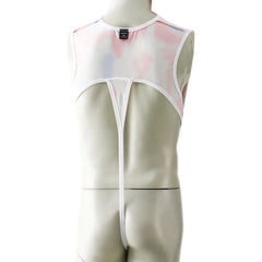 detail shot of red chestplate harness bodysuit with bold sculpted paneling and secure buckle shaping – pridevoyageshop.com – gay men’s harness, lingerie and fetish wear