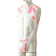 detail shot of red chestplate harness bodysuit with bold sculpted paneling and secure buckle shaping – pridevoyageshop.com – gay men’s harness, lingerie and fetish wear