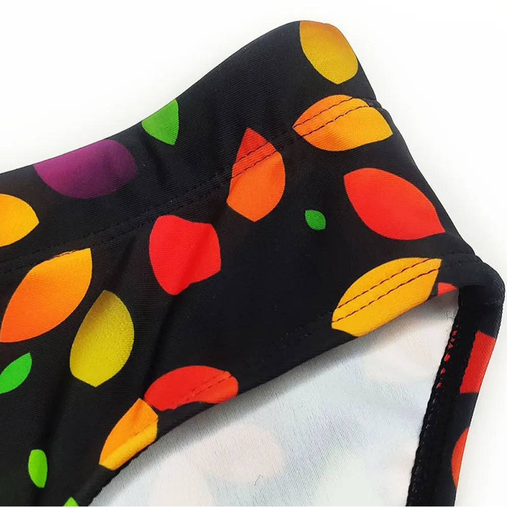 details of Men’s Rainbow Leafs Swim Briefs - pridevoyageshop.com - gay men’s sexy swim briefs, trunks, board shorts, and bikinis