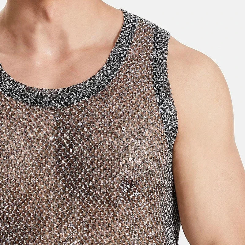 details of Silver Catch Light Sequin Mesh Tank - pridevoyageshop.com - gay men's fashion, clubwear, party outfit