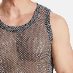 details of Silver Catch Light Sequin Mesh Tank - pridevoyageshop.com - gay men's fashion, clubwear, party outfit