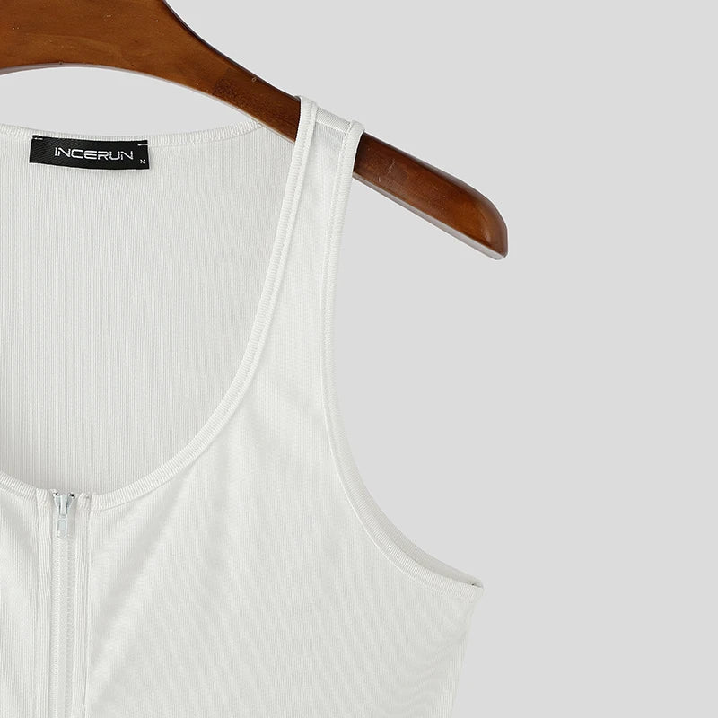 details of The Big Reveal Zip Tank in White laid flat showing zip front structure and stretch athletic fabric pridevoyageshopcom gay mens gym tank tops mesh tank tops activewear club tops fashion tops