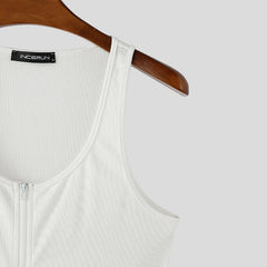 details of The Big Reveal Zip Tank in White laid flat showing zip front structure and stretch athletic fabric pridevoyageshopcom gay mens gym tank tops mesh tank tops activewear club tops fashion tops