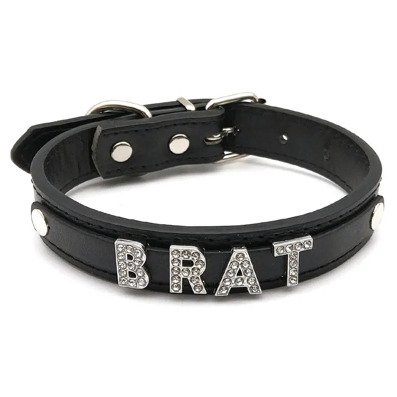 details of The Label Rhinestone and PU Leather Collar with “BRAT” – pridevoyageshop.com – gay men’s harness, lingerie and fetish wear