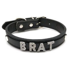 details of The Label Rhinestone and PU Leather Collar with “BRAT” – pridevoyageshop.com – gay men’s harness, lingerie and fetish wear