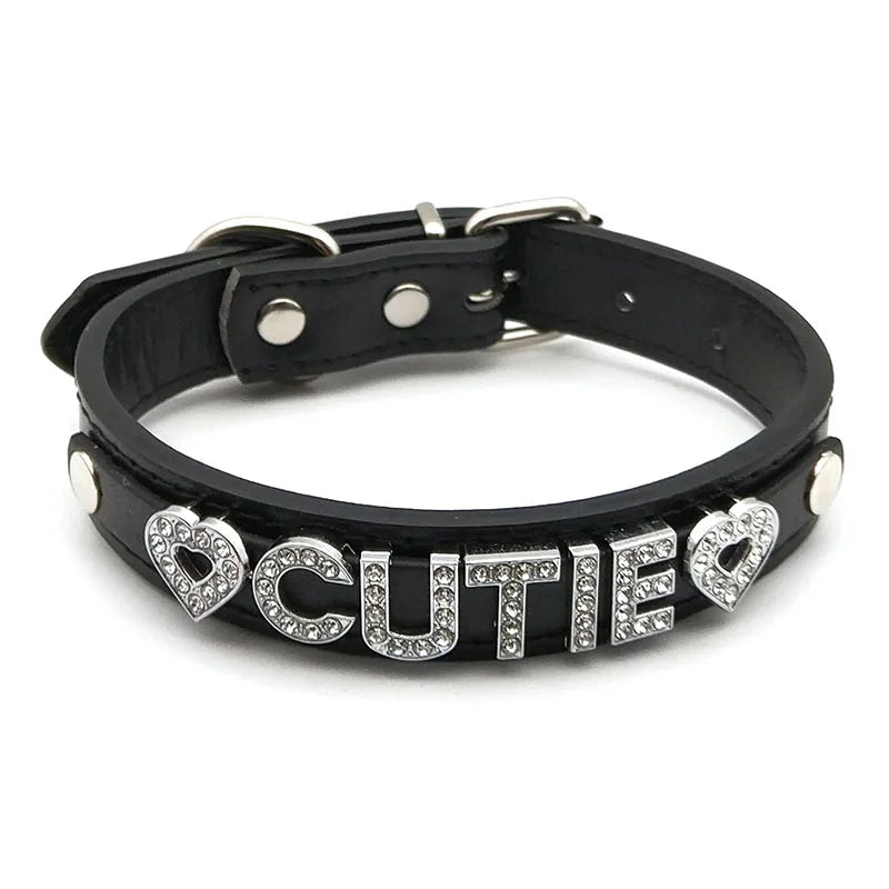 details of The Label Rhinestone and PU Leather Collar with “CUTIE” – pridevoyageshop.com – gay men’s harness, lingerie and fetish wear