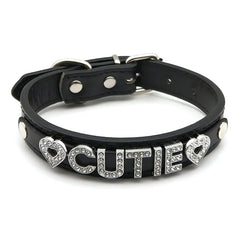 details of The Label Rhinestone and PU Leather Collar with “CUTIE” – pridevoyageshop.com – gay men’s harness, lingerie and fetish wear