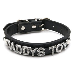 details of The Label Rhinestone and PU Leather Collar with “DADDYS TOY” – pridevoyageshop.com – gay men’s harness, lingerie and fetish wear
