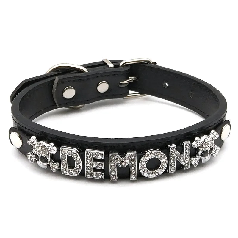details of The Label Rhinestone and PU Leather Collar with “DEMON” – pridevoyageshop.com – gay men’s harness, lingerie and fetish wear