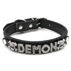 details of The Label Rhinestone and PU Leather Collar with “DEMON” – pridevoyageshop.com – gay men’s harness, lingerie and fetish wear