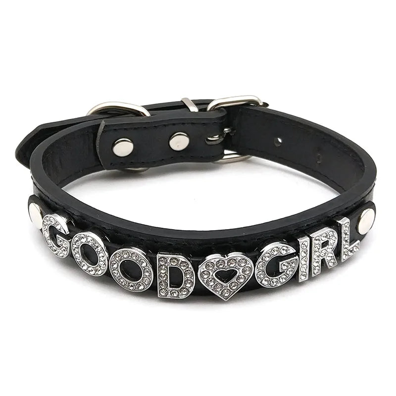 details of The Label Rhinestone and PU Leather Collar with “GOOD GIRL” – pridevoyageshop.com – gay men’s harness, lingerie and fetish wear