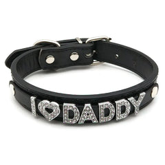details of The Label Rhinestone and PU Leather Collar with “I love DADDY” – pridevoyageshop.com – gay men’s harness, lingerie and fetish wear