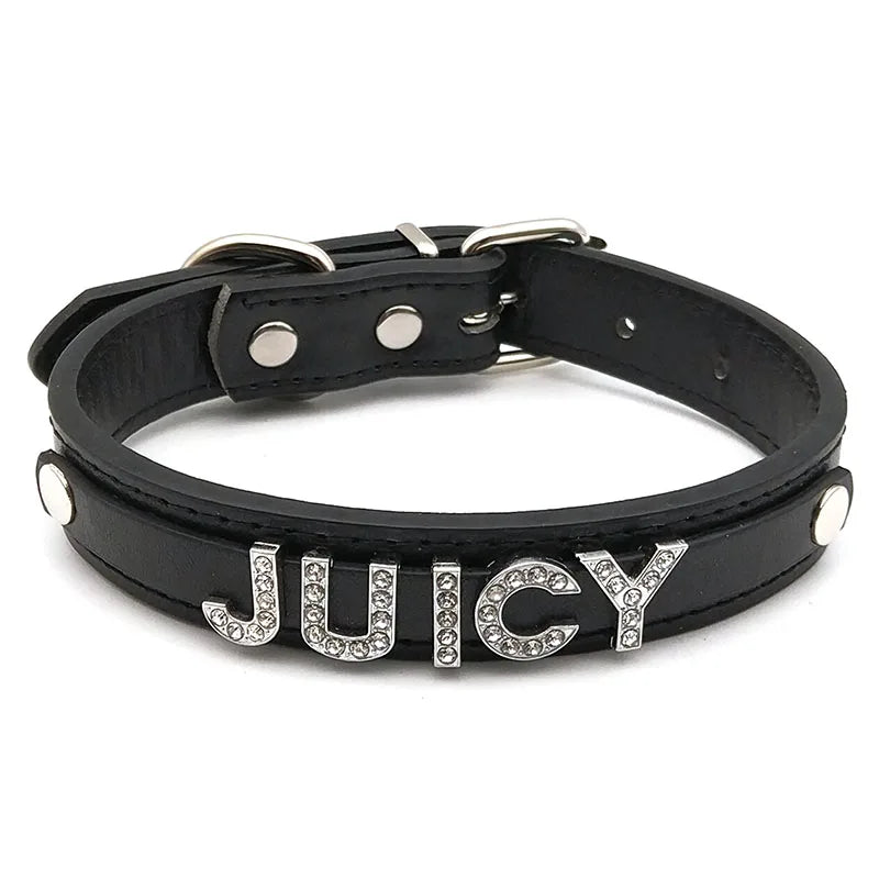 details of The Label Rhinestone and PU Leather Collar with “JUICY” – pridevoyageshop.com – gay men’s harness, lingerie and fetish wear
