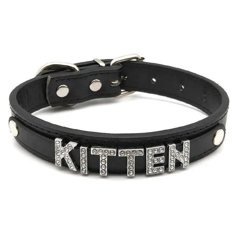 details of The Label Rhinestone and PU Leather Collar with “KITTEN” – pridevoyageshop.com – gay men’s harness, lingerie and fetish wear