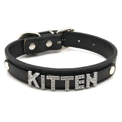 details of The Label Rhinestone and PU Leather Collar with “KITTEN” – pridevoyageshop.com – gay men’s harness, lingerie and fetish wear