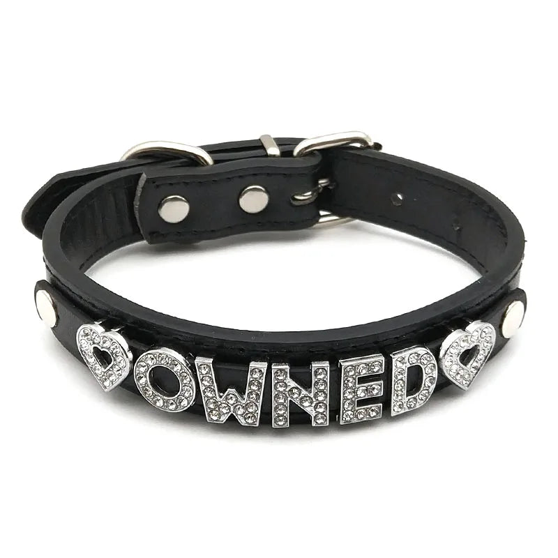 details of The Label Rhinestone and PU Leather Collar with “OWNED” – pridevoyageshop.com – gay men’s harness, lingerie and fetish wear
