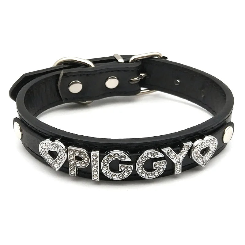 details of The Label Rhinestone and PU Leather Collar with “PIGGY” – pridevoyageshop.com – gay men’s harness, lingerie and fetish wear