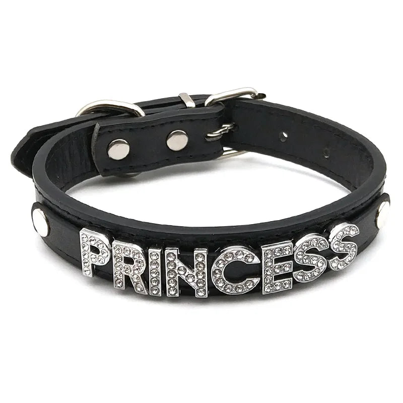 details of The Label Rhinestone and PU Leather Collar with “PRINCESS” – pridevoyageshop.com – gay men’s harness, lingerie and fetish wear
