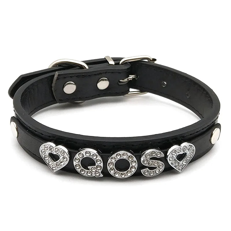 details of The Label Rhinestone and PU Leather Collar with “QOS” – pridevoyageshop.com – gay men’s harness, lingerie and fetish wear