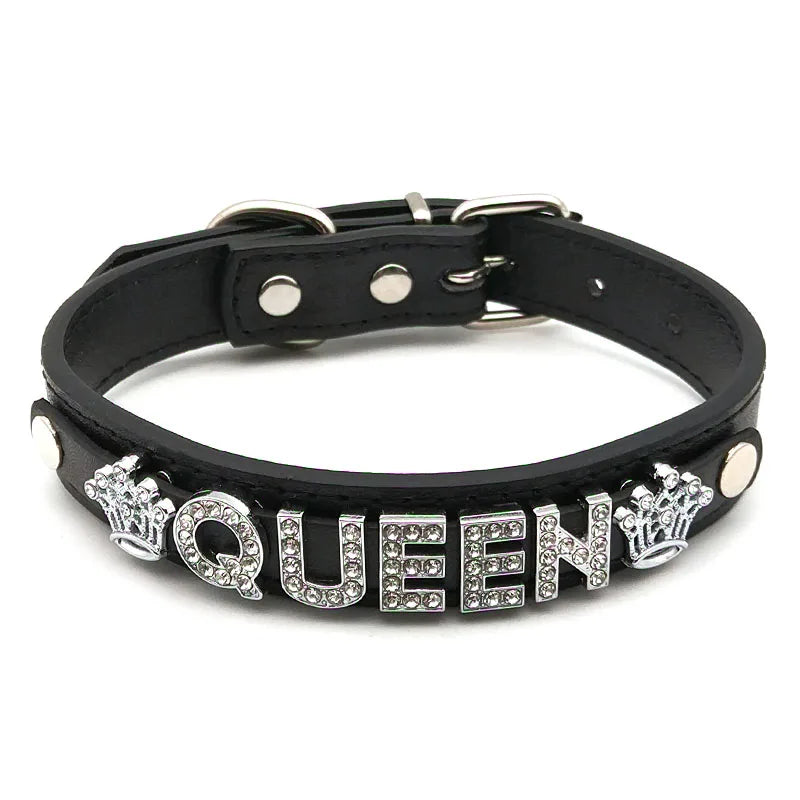 details of The Label Rhinestone and PU Leather Collar with “QUEEN” – pridevoyageshop.com – gay men’s harness, lingerie and fetish wear