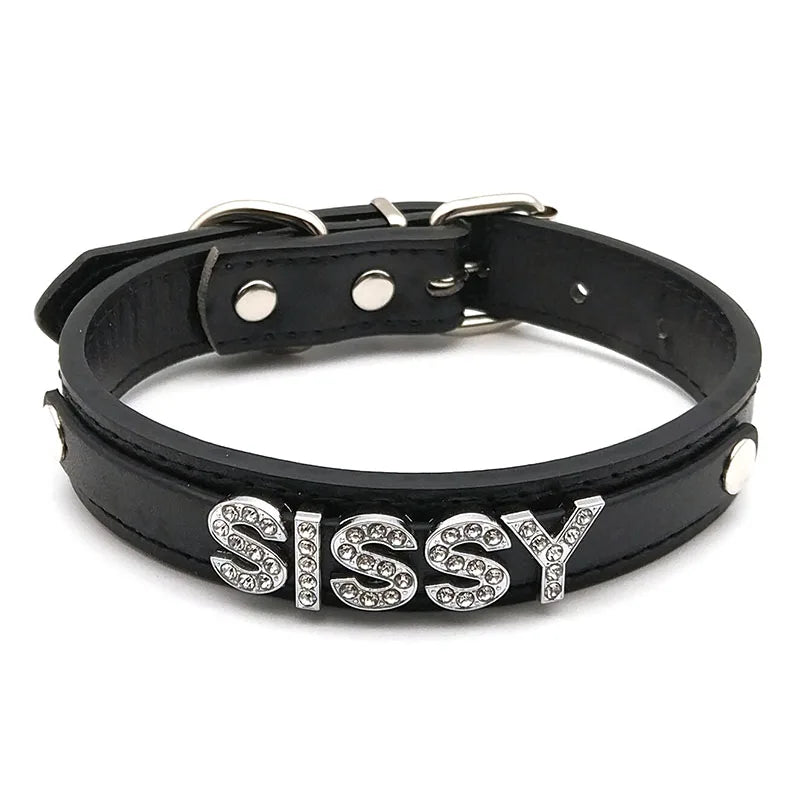 details of The Label Rhinestone and PU Leather Collar with “SISSY” – pridevoyageshop.com – gay men’s harness, lingerie and fetish wear