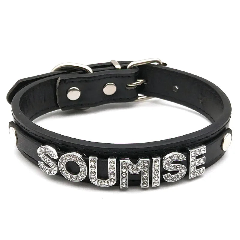 details of The Label Rhinestone and PU Leather Collar with “SOUMISE” – pridevoyageshop.com – gay men’s harness, lingerie and fetish wear