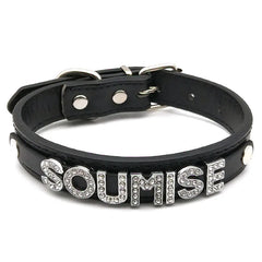 details of The Label Rhinestone and PU Leather Collar with “SOUMISE” – pridevoyageshop.com – gay men’s harness, lingerie and fetish wear