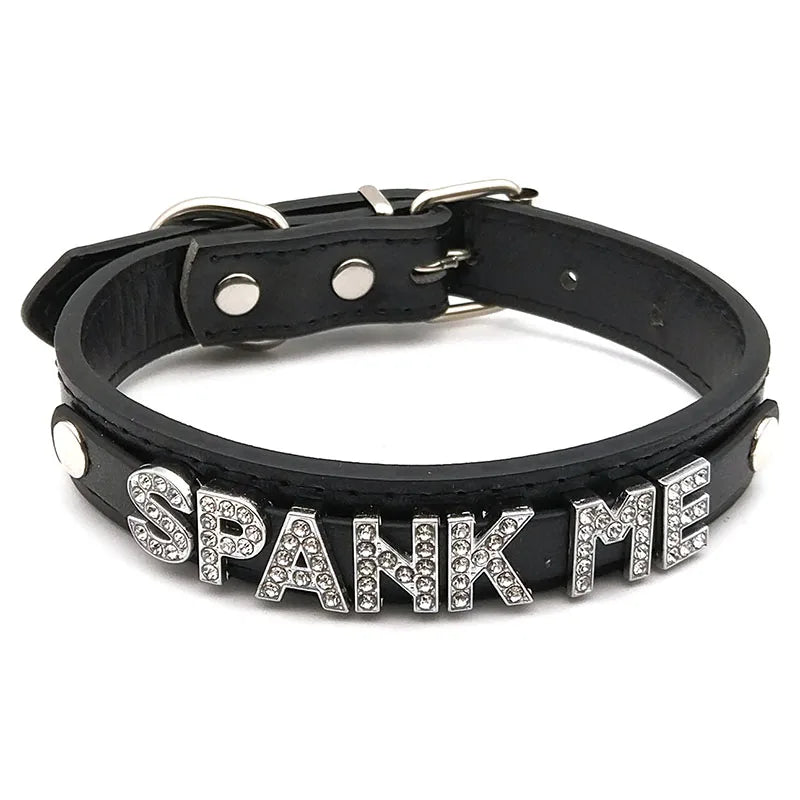 details of The Label Rhinestone and PU Leather Collar with “SPANK ME” – pridevoyageshop.com – gay men’s harness, lingerie and fetish wear