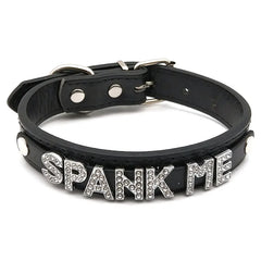details of The Label Rhinestone and PU Leather Collar with “SPANK ME” – pridevoyageshop.com – gay men’s harness, lingerie and fetish wear