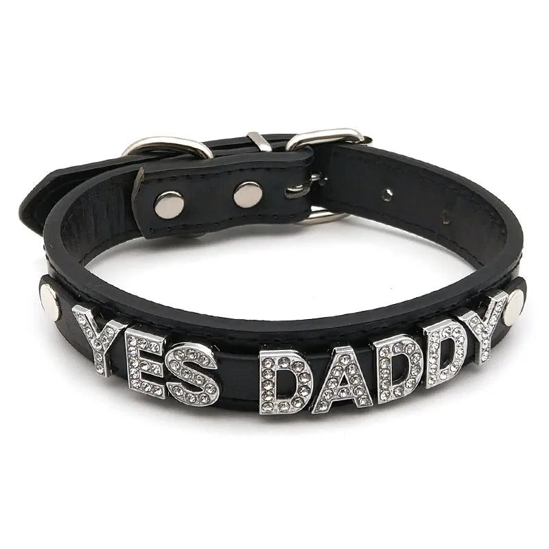 details of The Label Rhinestone and PU Leather Collar with “YES DADDY” – pridevoyageshop.com – gay men’s harness, lingerie and fetish wear