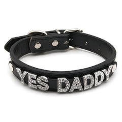 details of The Label Rhinestone and PU Leather Collar with “YES DADDY” – pridevoyageshop.com – gay men’s harness, lingerie and fetish wear