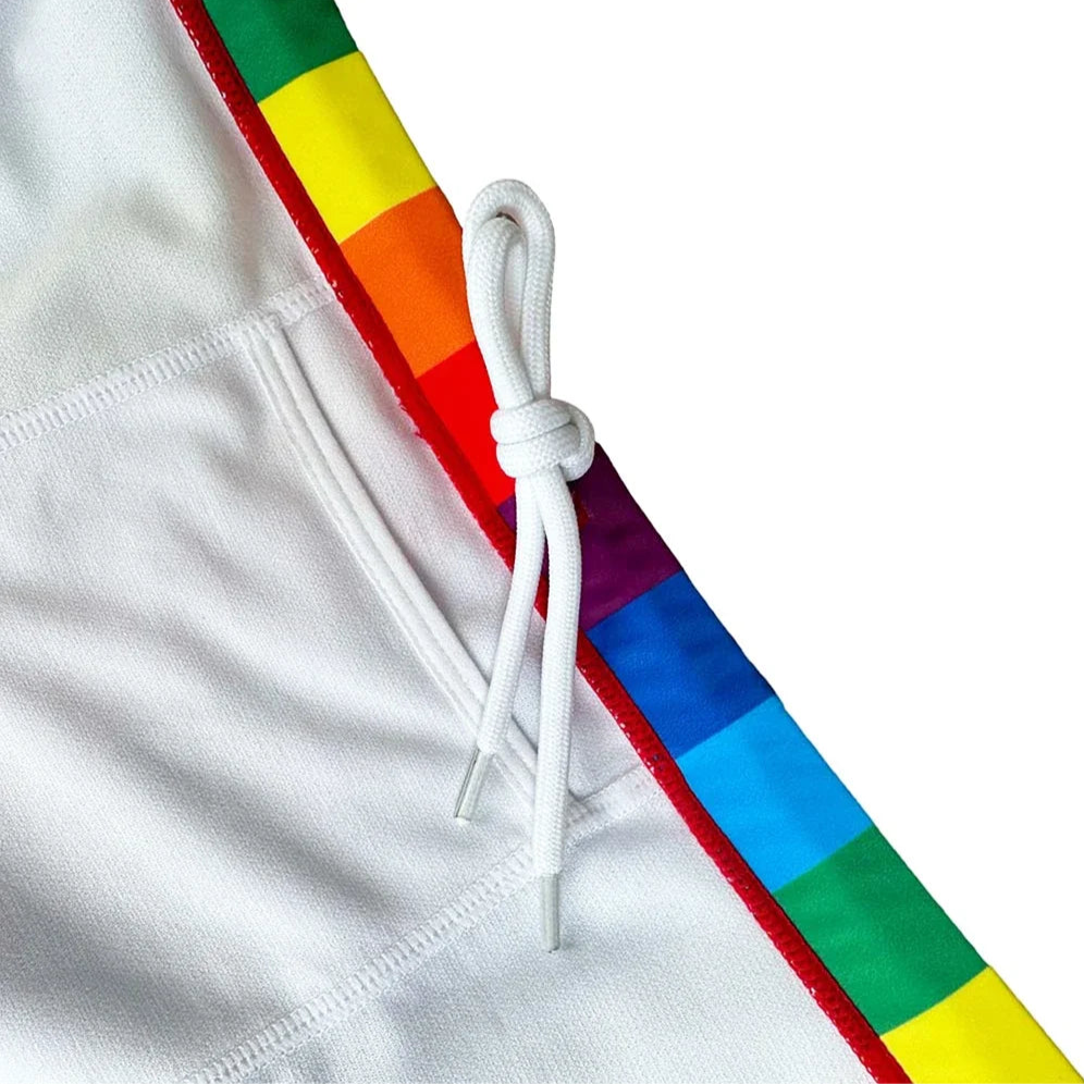 details of a sexy man in Pride Rainbow Striped Swim Brief – Loud, Proud, and Hung - pridevoyageshop.com - gay men’s sexy swim briefs, trunks, board shorts, and bikinis