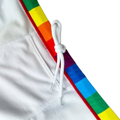 details of a sexy man in Pride Rainbow Striped Swim Brief – Loud, Proud, and Hung - pridevoyageshop.com - gay men’s sexy swim briefs, trunks, board shorts, and bikinis