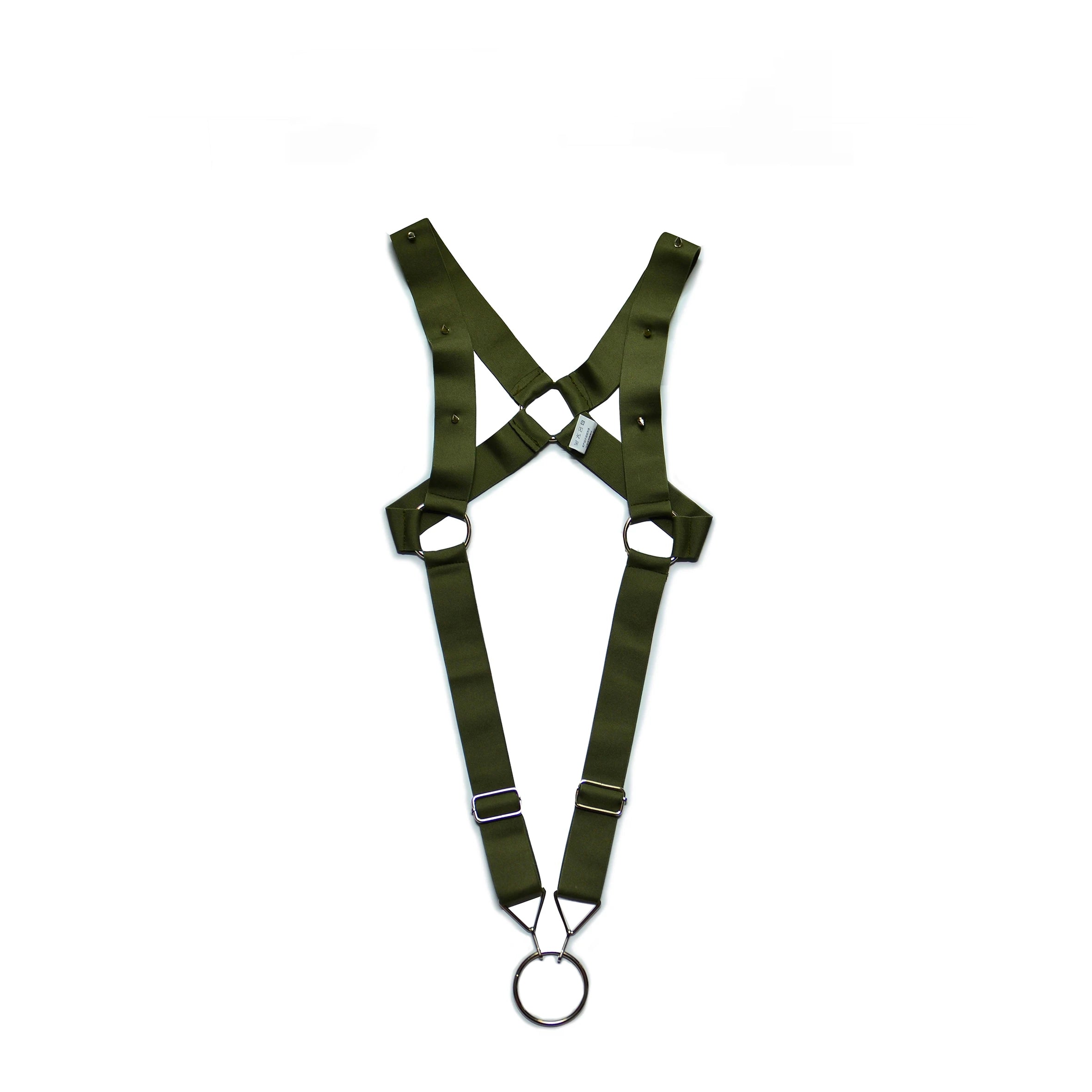 details of army green Men’s Menace Spiked Harness – pridevoyageshop.com – gay men’s harness, lingerie and fetish wear