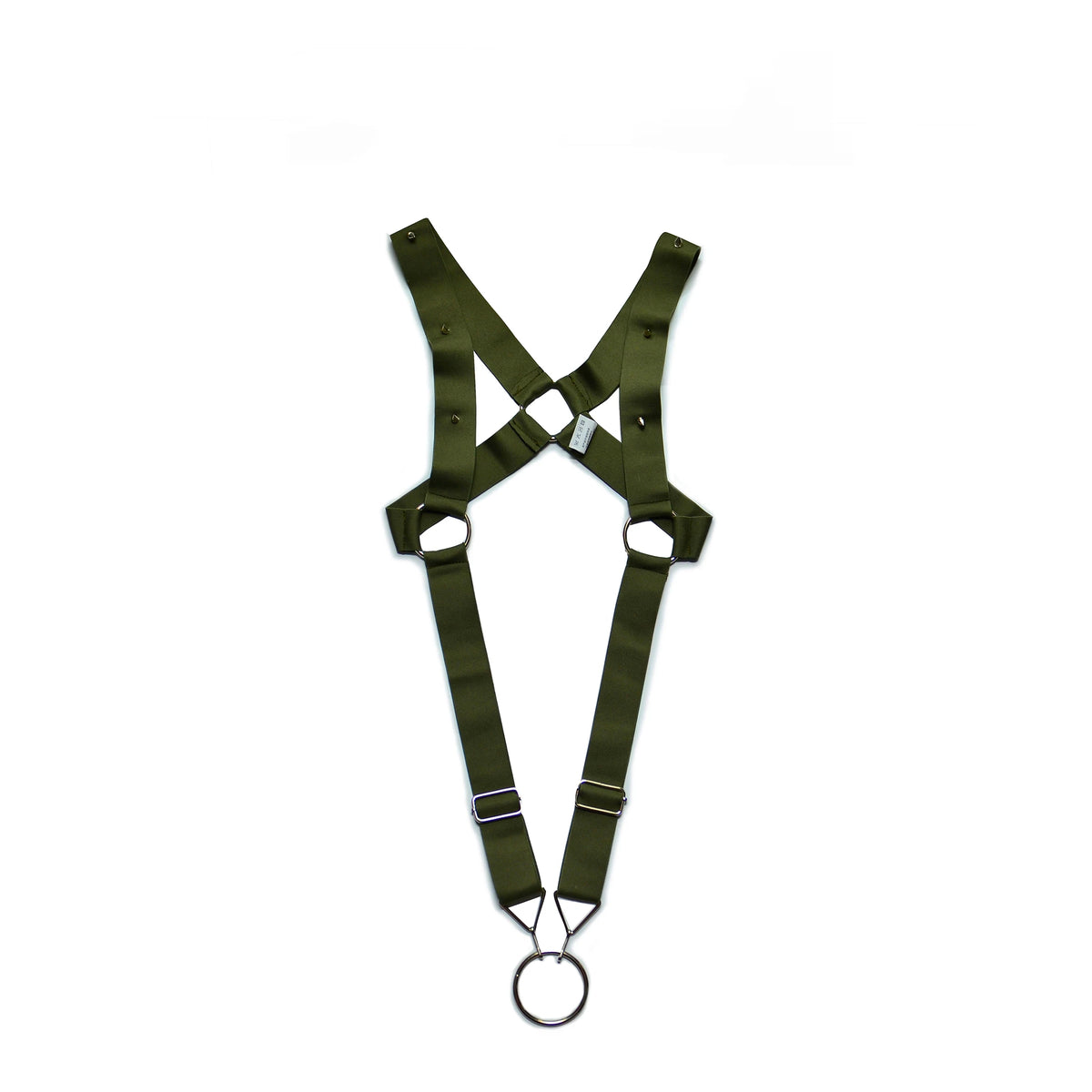 details of army green Men’s Menace Spiked Harness – pridevoyageshop.com – gay men’s harness, lingerie and fetish wear