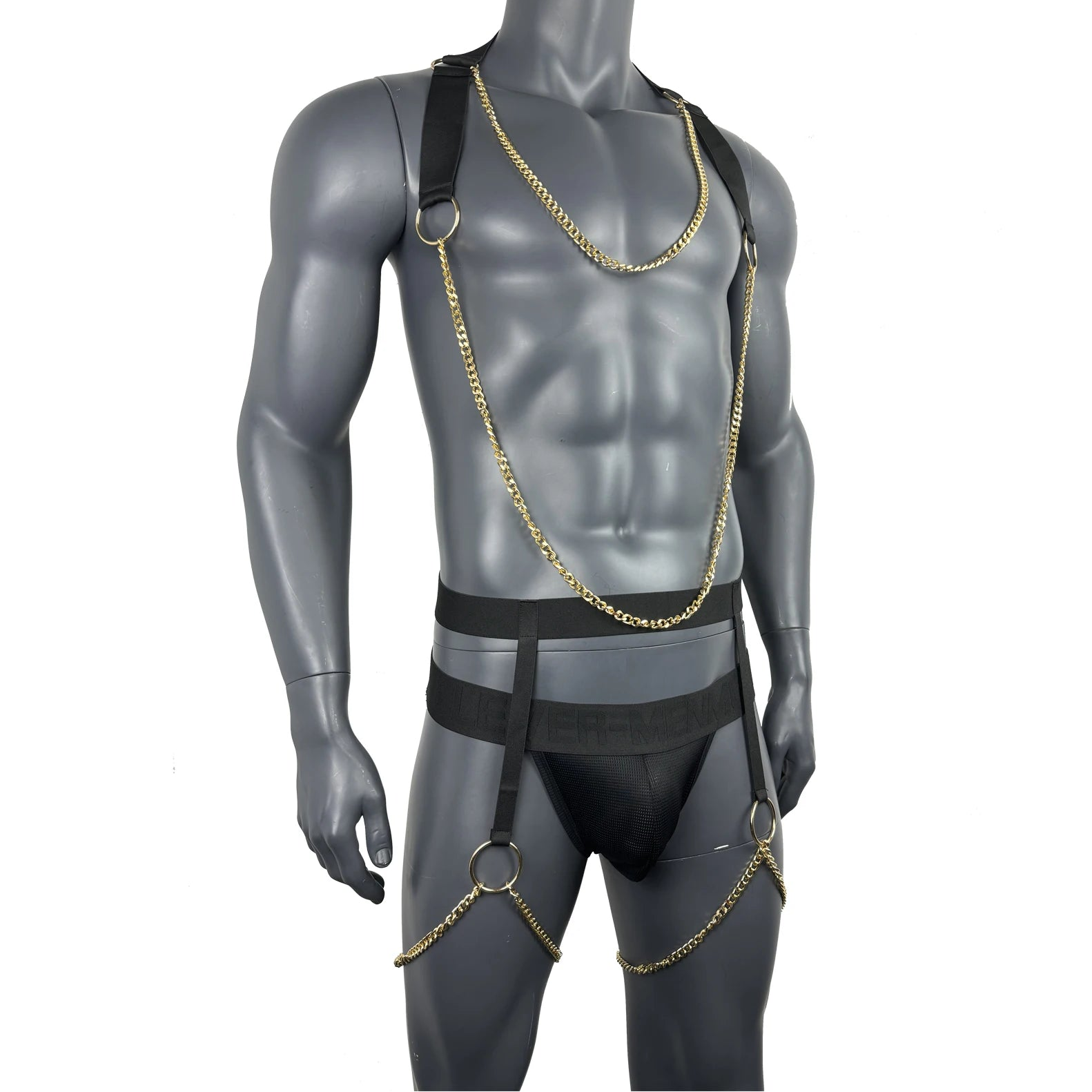 details of black Men’s After Dark Gold-Chain Harness & Garter Set – pridevoyageshop.com – gay men’s harness, lingerie and fetish wear