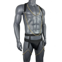 details of black Men’s After Dark Gold-Chain Harness & Garter Set – pridevoyageshop.com – gay men’s harness, lingerie and fetish wear