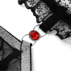details of black Men’s Boudoir Lace G-String – pridevoyageshop.com – gay men’s harness, lingerie and fetish wear