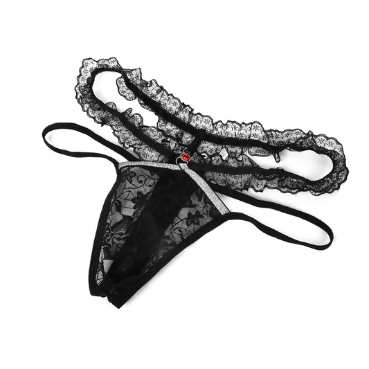 details of black Men’s Boudoir Lace G-String – pridevoyageshop.com – gay men’s harness, lingerie and fetish wear