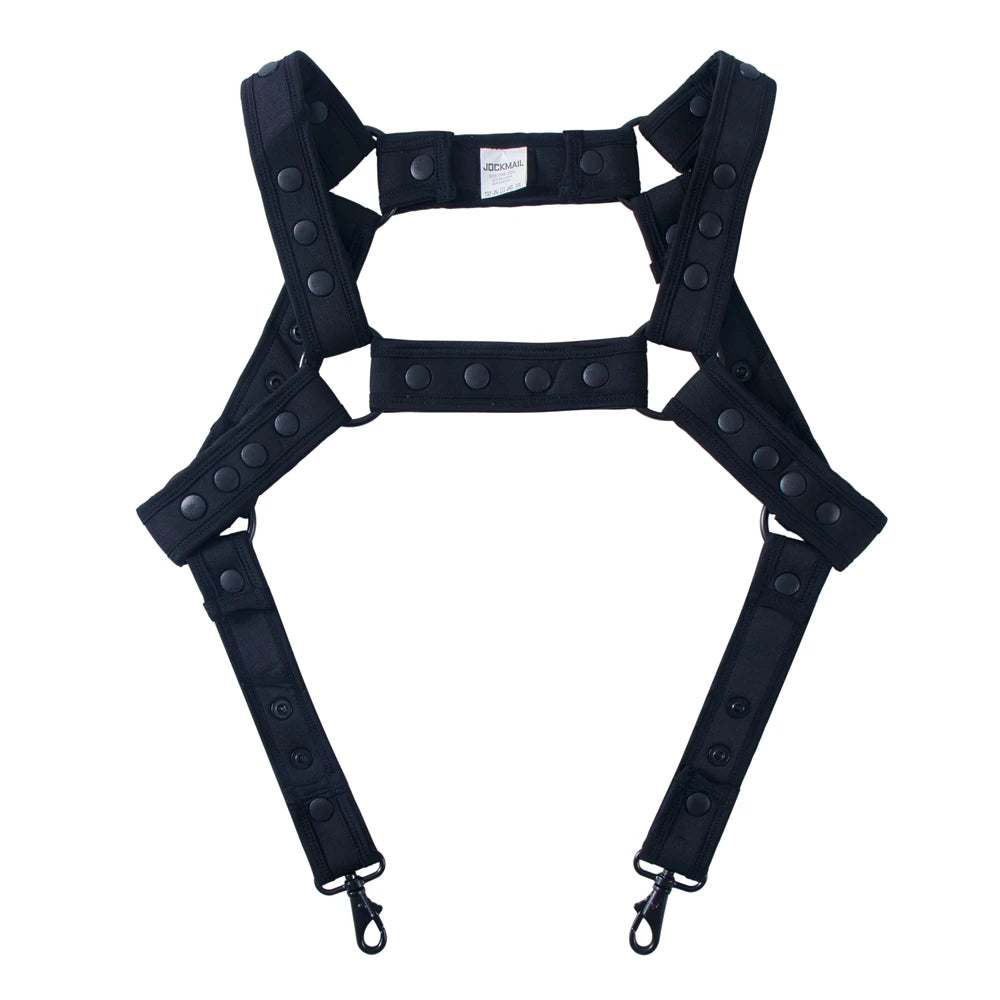 details of black Men’s Darkroom Body Harness – pridevoyageshop.com – gay men’s harness, lingerie and fetish wear