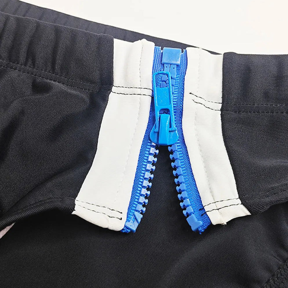 details of black Men’s Double Zipper Pouch Swim Briefs - pridevoyageshop.com - gay men’s sexy swim briefs, trunks, board shorts, and bikinis