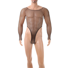 details of black Men’s Ensnare Fishnet Thong Bodysuit – pridevoyageshop.com – gay men’s harness, lingerie and fetish wear