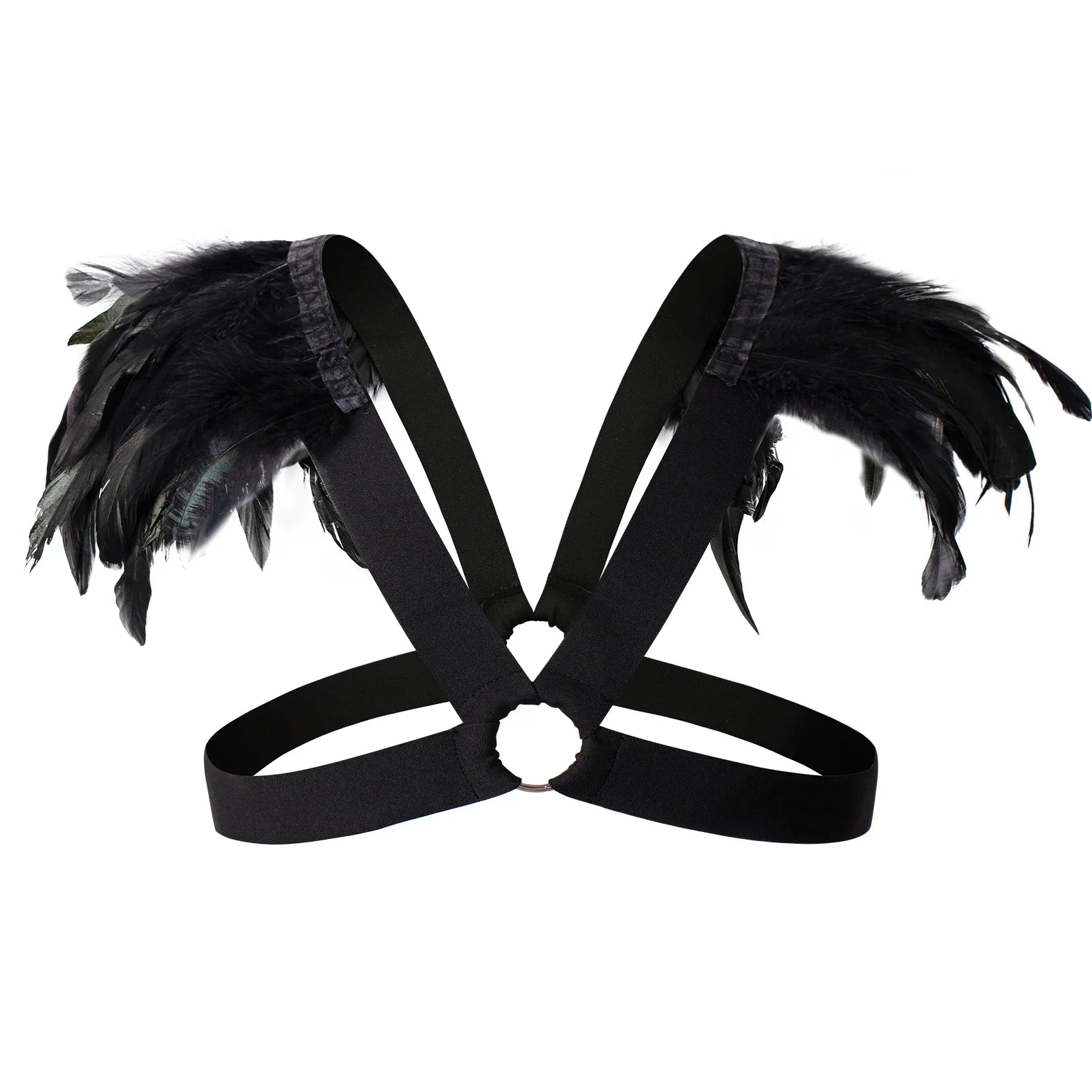 details of black Men’s Fallen Diva Feather Epaulet Harness – pridevoyageshop.com – gay men’s harness, lingerie and fetish wear