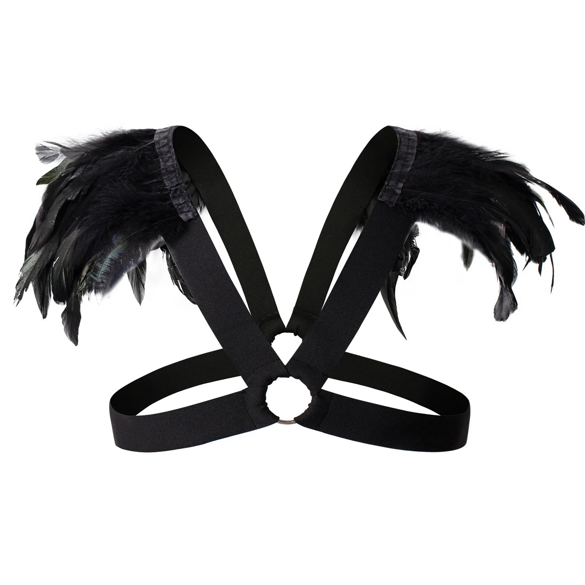 details of black Men’s Fallen Diva Feather Epaulet Harness – pridevoyageshop.com – gay men’s harness, lingerie and fetish wear