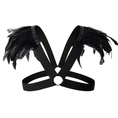 details of black Men’s Fallen Diva Feather Epaulet Harness – pridevoyageshop.com – gay men’s harness, lingerie and fetish wear