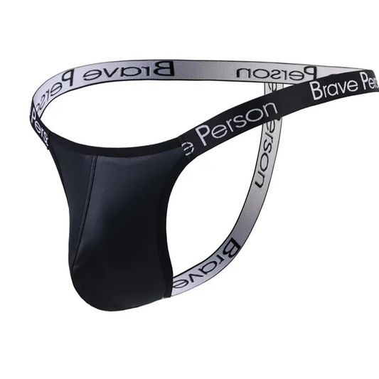 details of black Men’s Folsom Night PU Leather Swim Bikini Thong – pridevoyageshop.com – gay men’s sexy swim briefs, trunks, board shorts, and bikinis