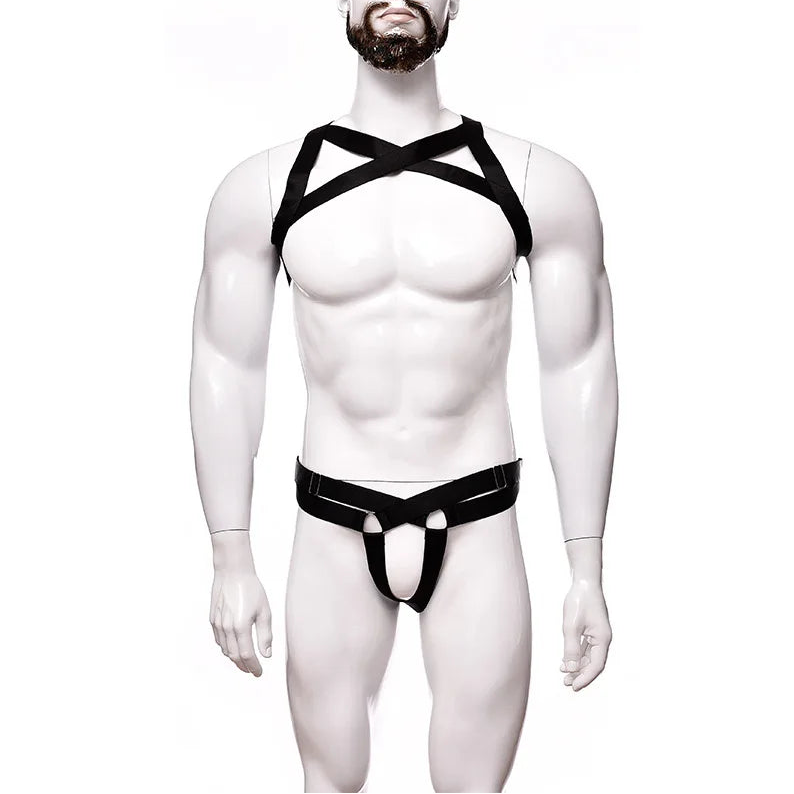 details of black Men’s Gift‑Wrapped Jock Harness – pridevoyageshop.com – gay men’s harness, lingerie and fetish wear