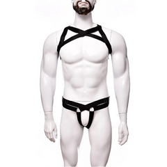 details of black Men’s Gift‑Wrapped Jock Harness – pridevoyageshop.com – gay men’s harness, lingerie and fetish wear