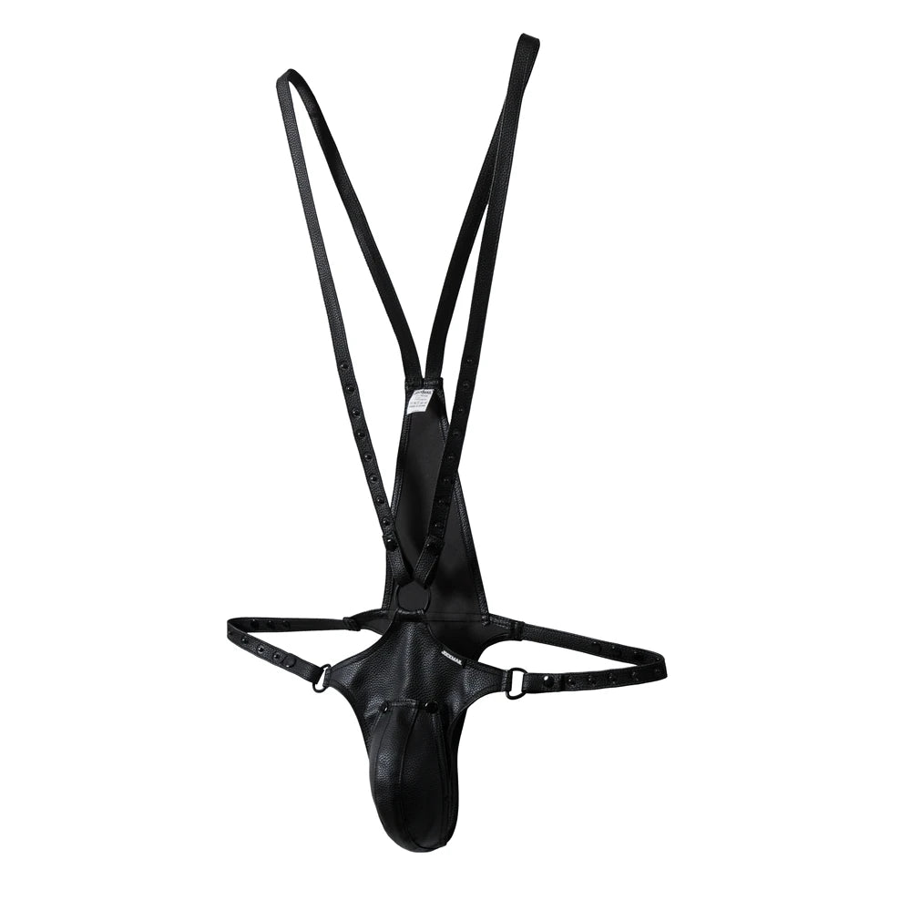 details of black Men’s Lockdown Suspender Jock Singlet – pridevoyageshop.com – gay men’s harness, lingerie and fetish wear